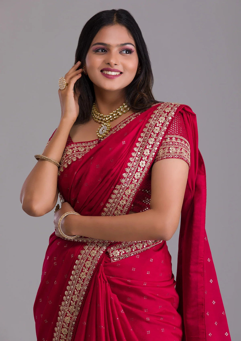 Teeya Creation Red Color Chinnon Silk Heavy Embroidery Work Saree