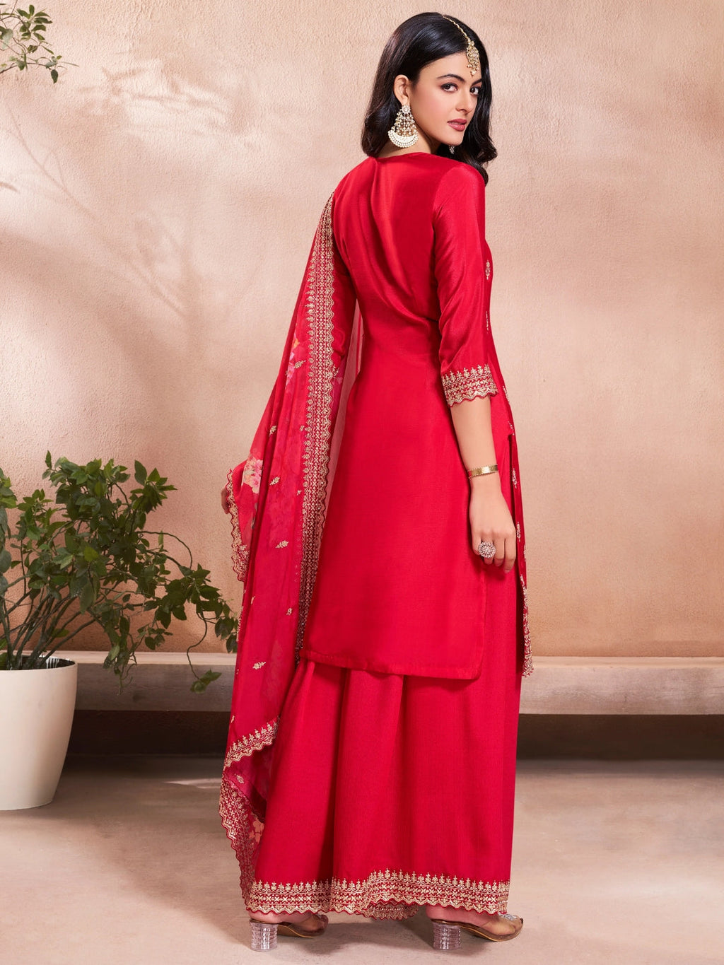 The52 Women's Gorgeous Embroidery Vichitra Silk Fabric Straight Kurta, Sharara and Dupatta Set