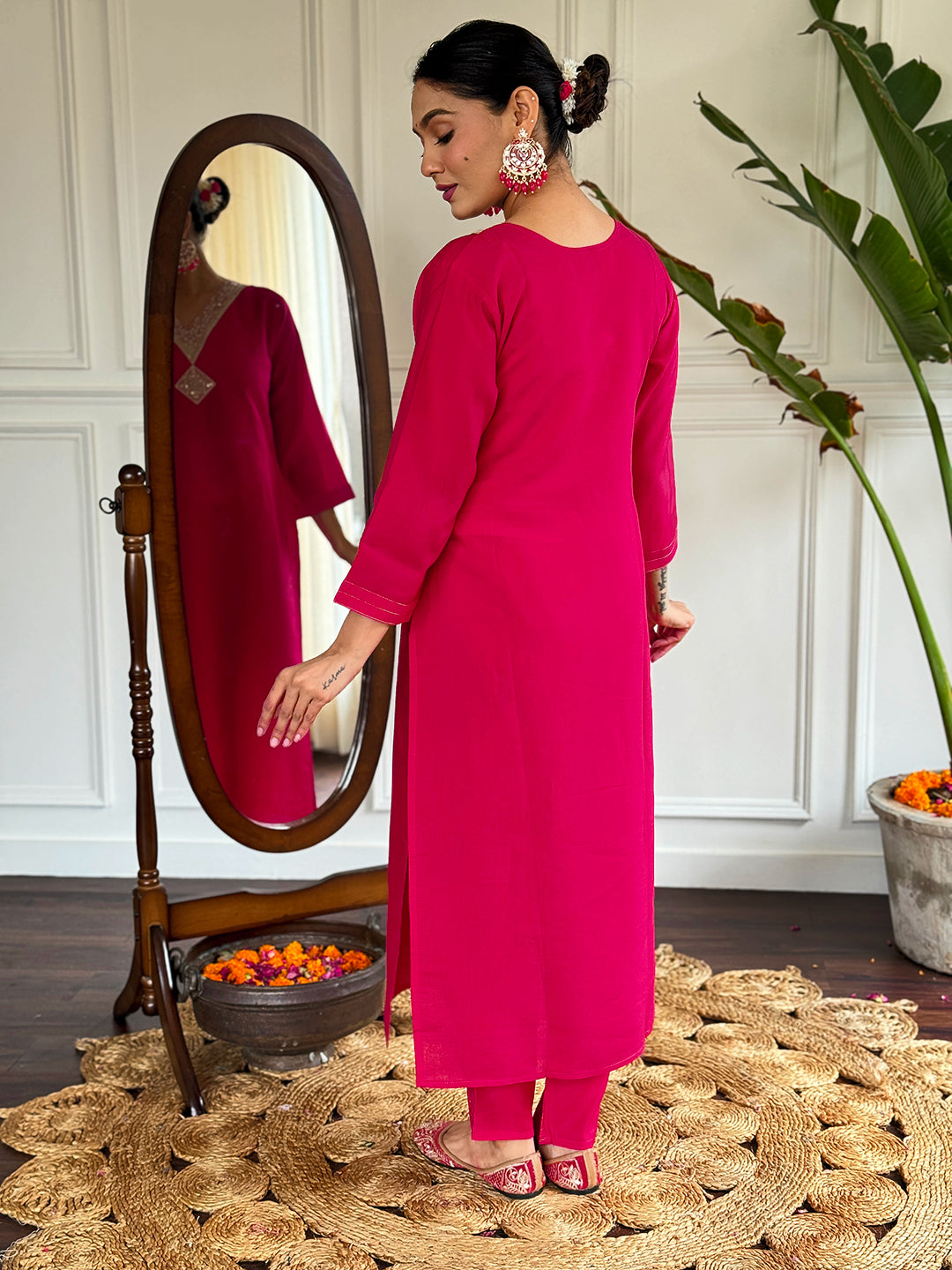 The52 Floral Chanderi Silk Fabric Straight Kurta, Pant and Dupatta Set