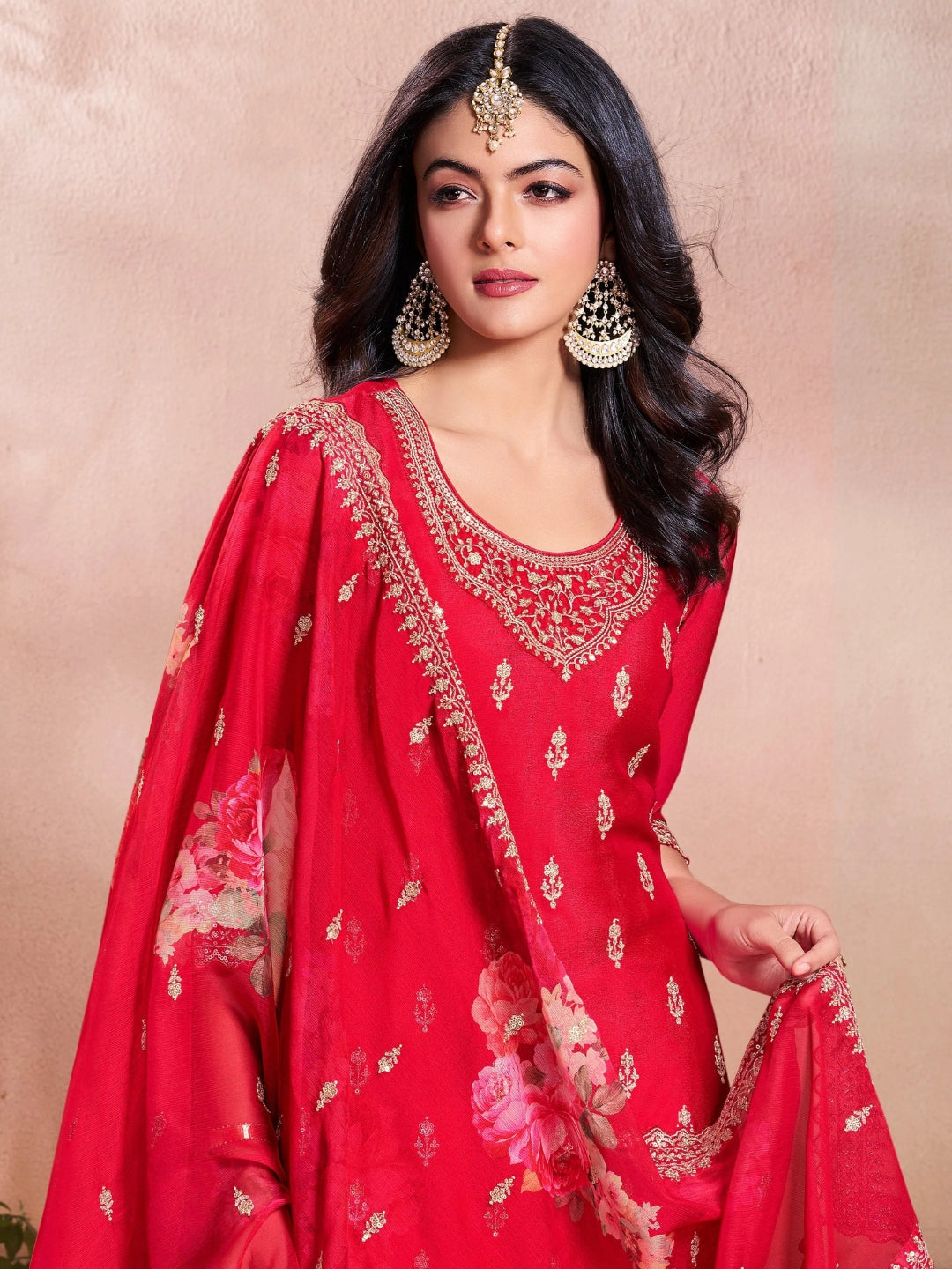 The52 Women's Gorgeous Embroidery Vichitra Silk Fabric Straight Kurta, Sharara and Dupatta Set