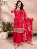 The52 Women's Gorgeous Embroidery Vichitra Silk Fabric Straight Kurta, Sharara and Dupatta Set