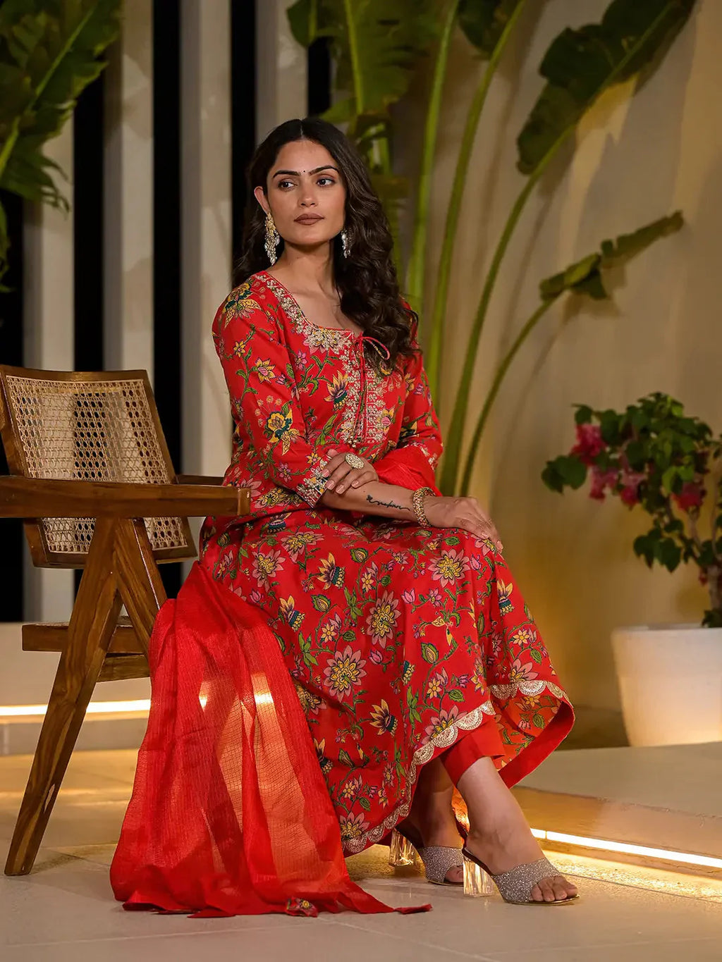 Yufta Red Dori Embroidery Voile Anarkali Kurta With Trousers With Dupatta Set