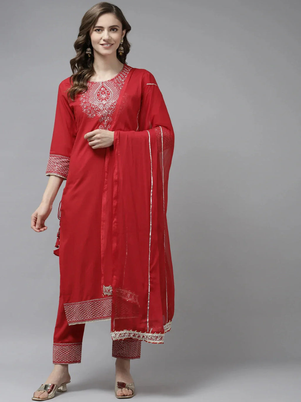 Yufta Red Ethnic Motifs Dupatta Set