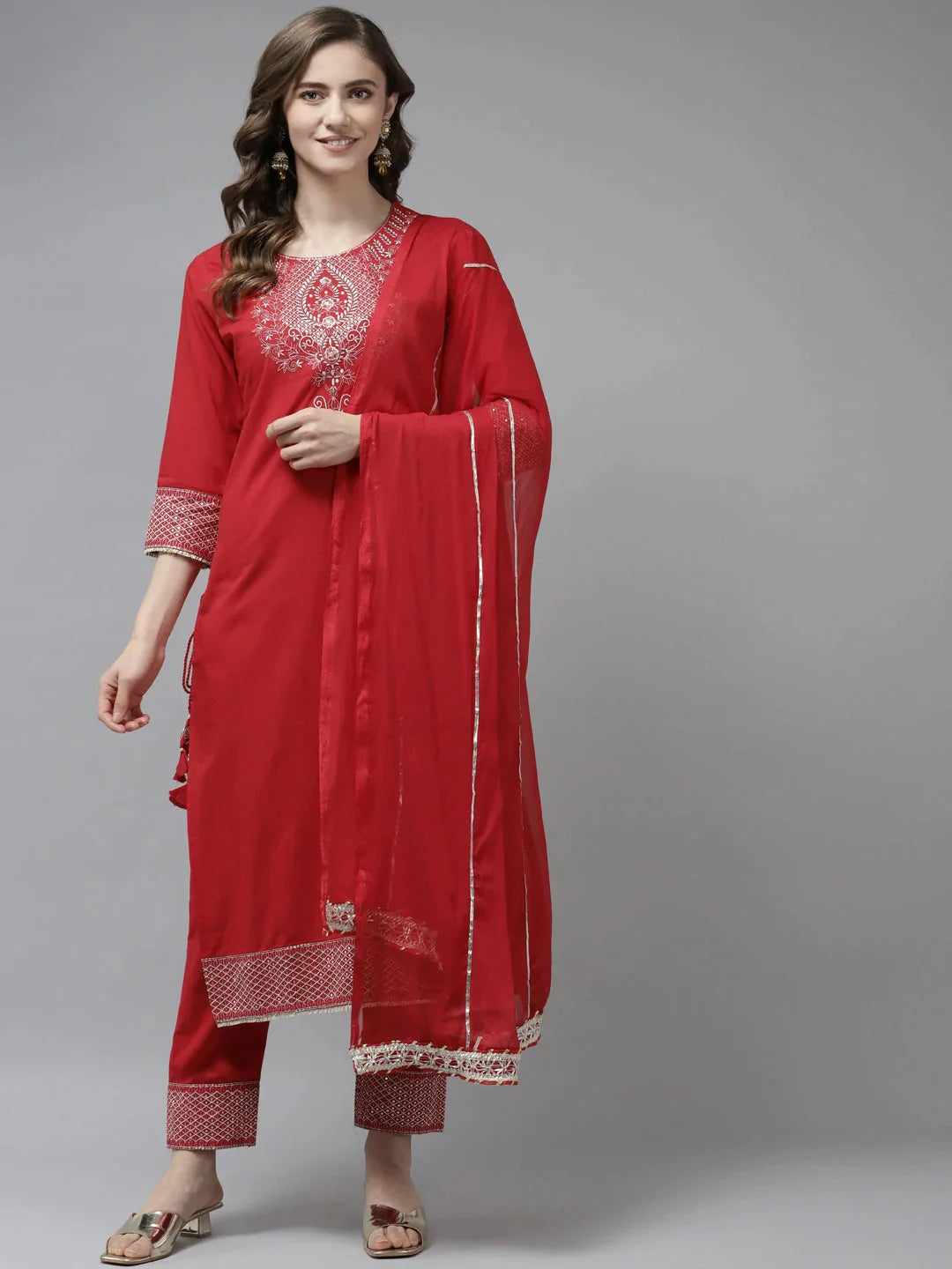 Yufta Red Ethnic Motifs Dupatta Set