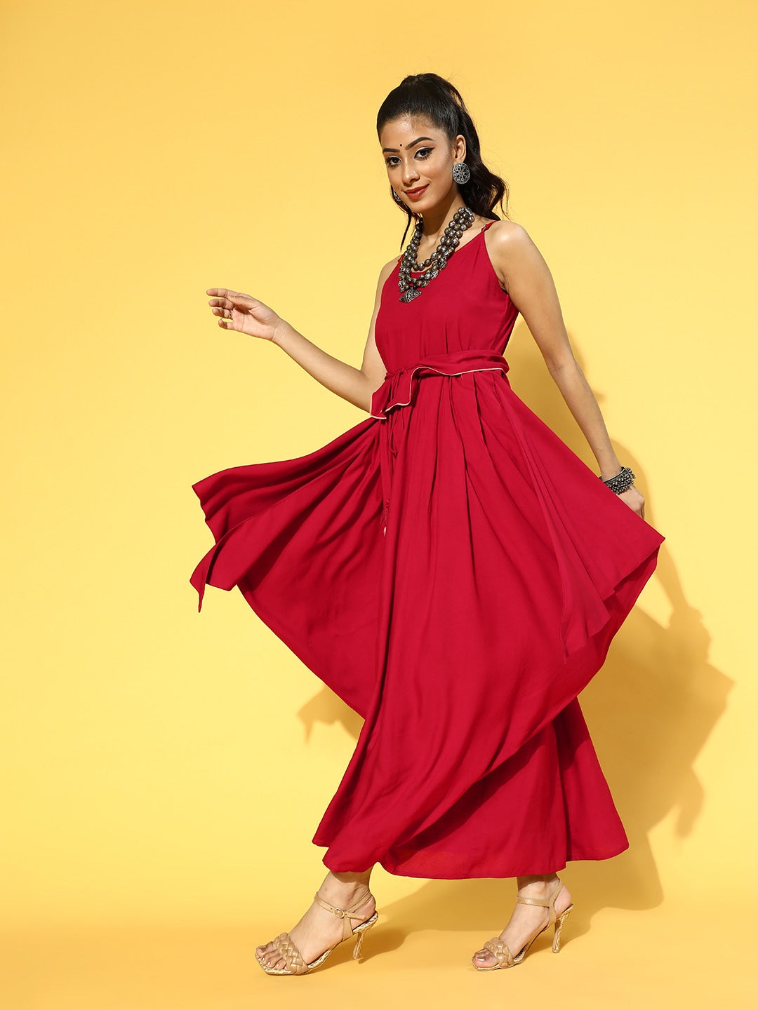 Yufta Red Solid Strap Dress with Belt