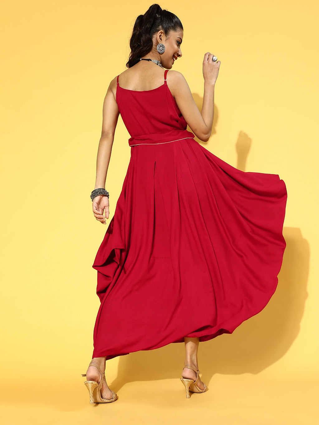Yufta Red Solid Strap Dress with Belt