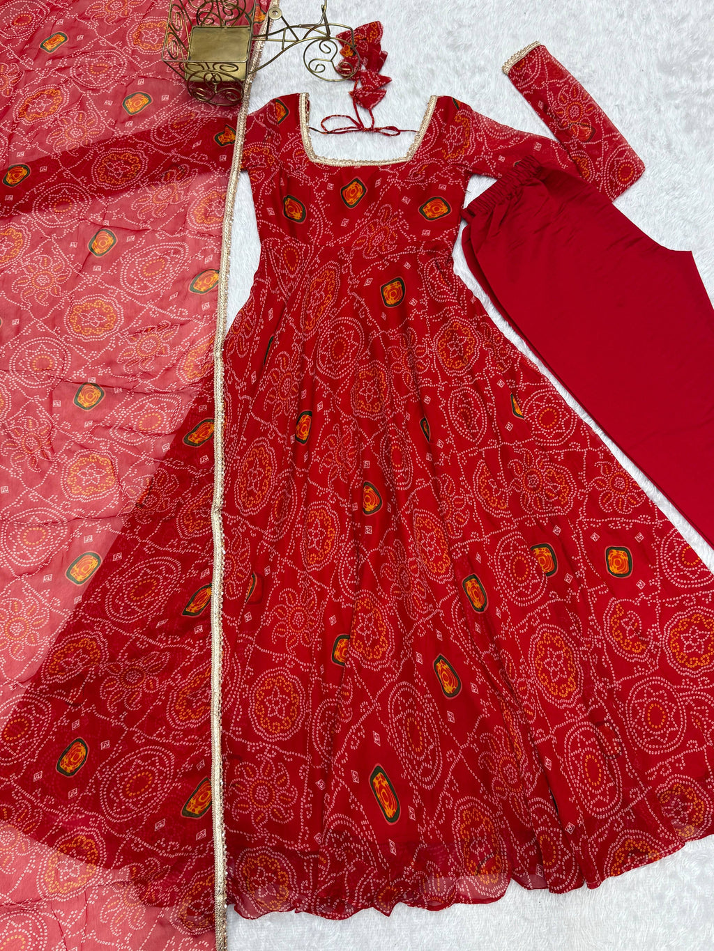 Lorenvalley Women Soft Lightweight Chiffon Bandhej Print Fabric Anarkali Kurta Pant With Dupatta Set