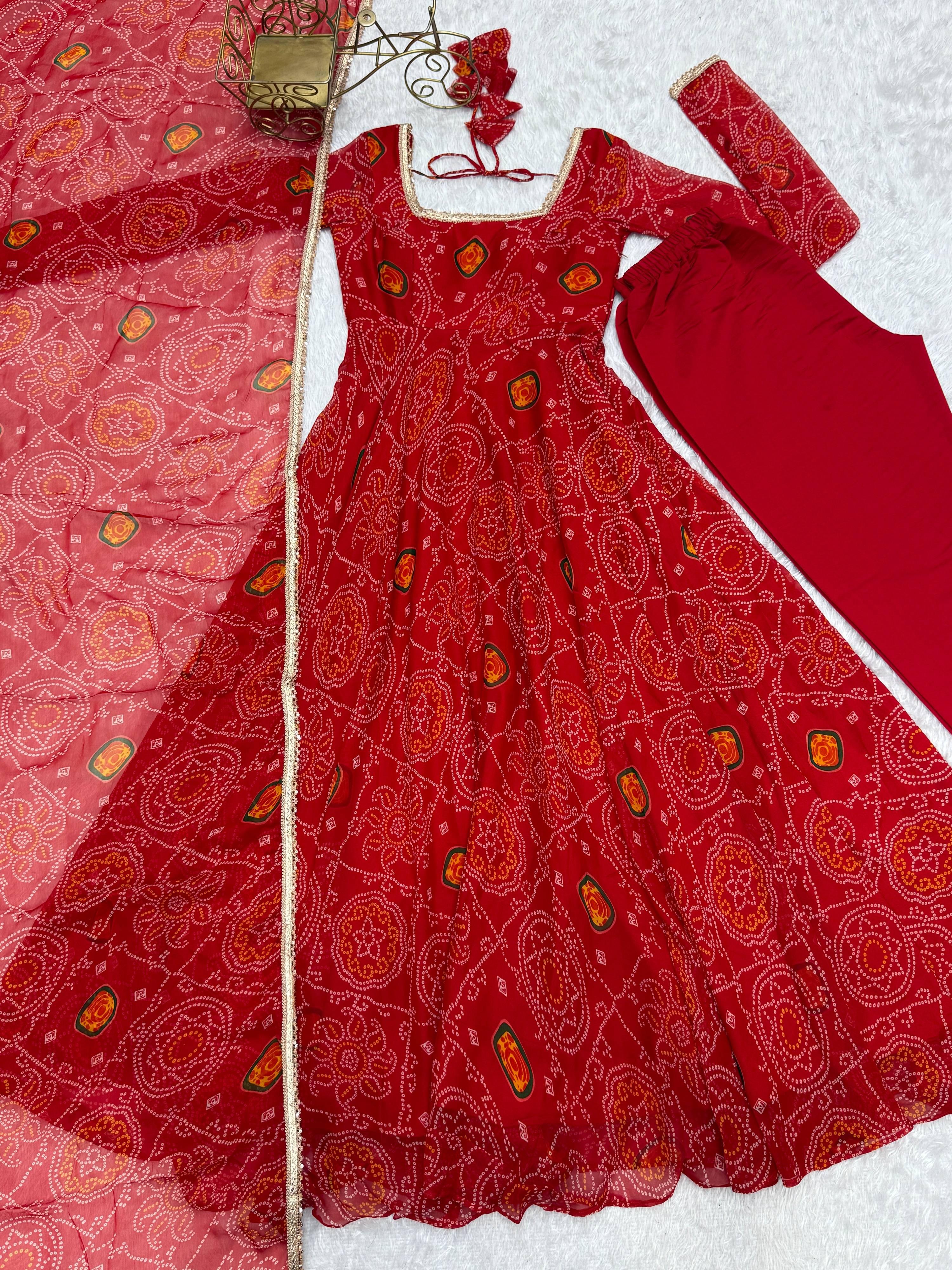 Lorenvalley Women Soft Lightweight Chiffon Bandhej Print Fabric Anarkali Kurta Pant With Dupatta Set