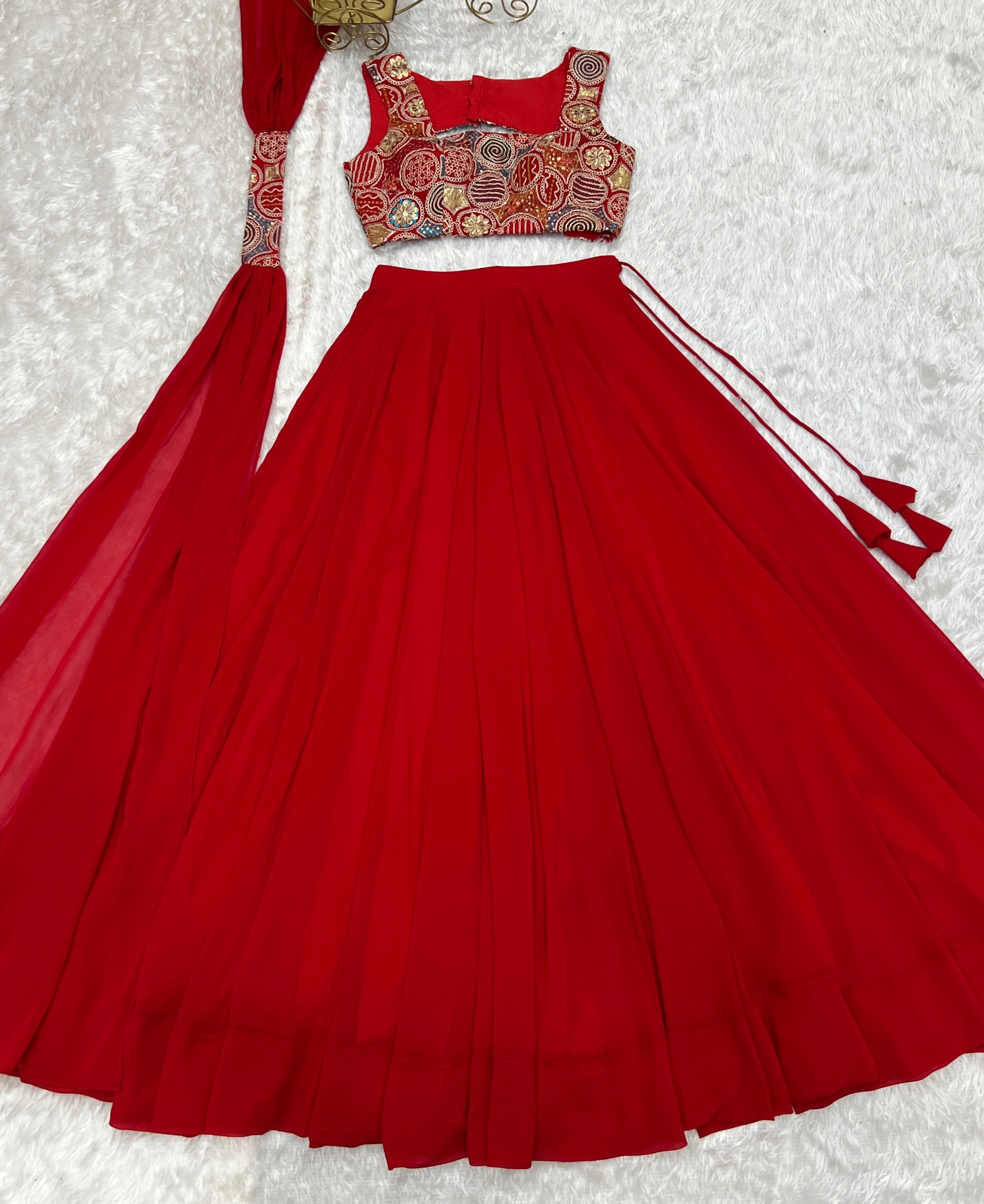 Lorenvalley Red Faux Georgette Stitched Lehenga Embroidery Blouse with Dupatta