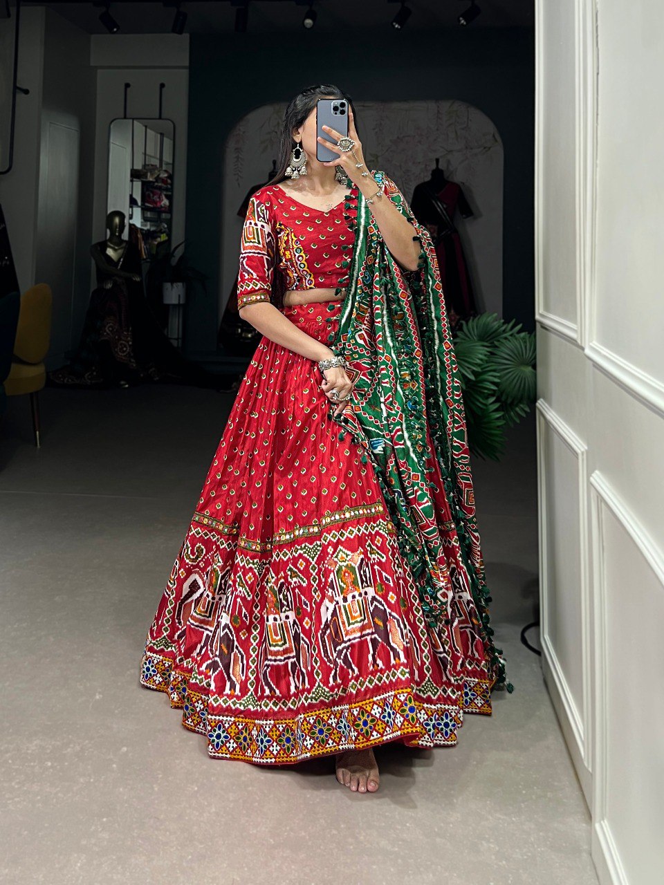 Lorenvalley Red Dola Silk Patola Print With Gamthi Work Lace Border Lehenga Choli with Dupatta