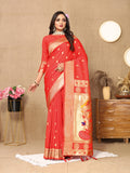 Lorenvalley Fashion Red Soft Paithani Silk Woven Design Rich Zari Meenakari Weaving Saree