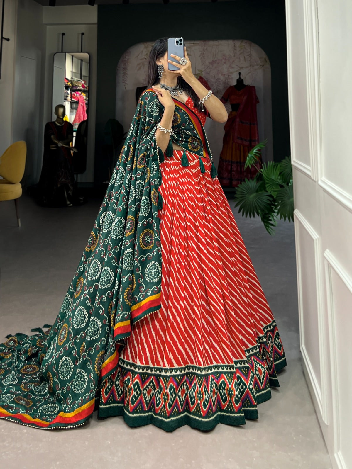 Lorenvalley Red Tussar Silk Lehenga Leheriya Patola Print Border With Choli Bandhej Print With Bandhej Print Gotta Patti Lace Border Dupatta
