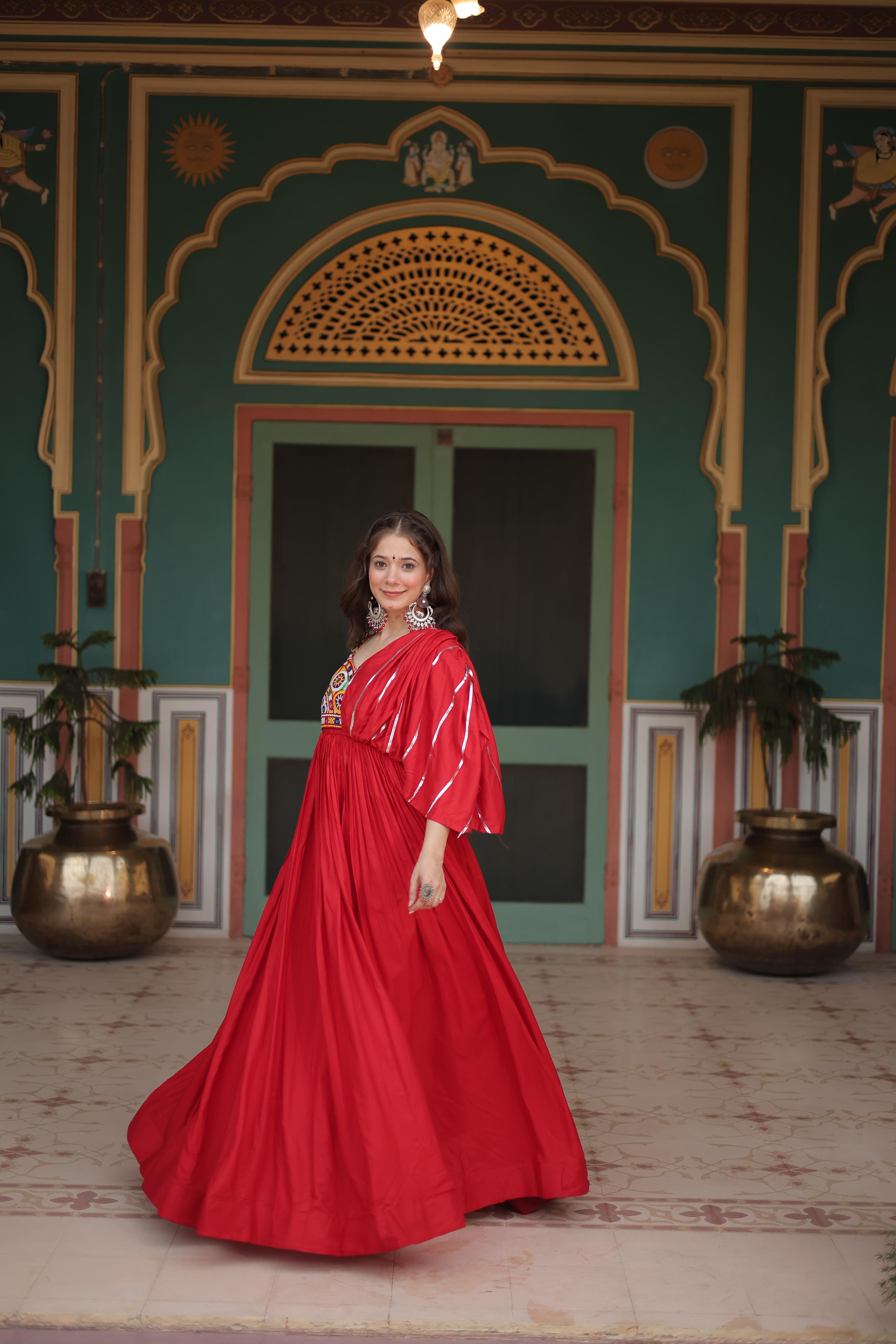 Lorenvalley Red Rayon Fabric with Designer Lace Gown
