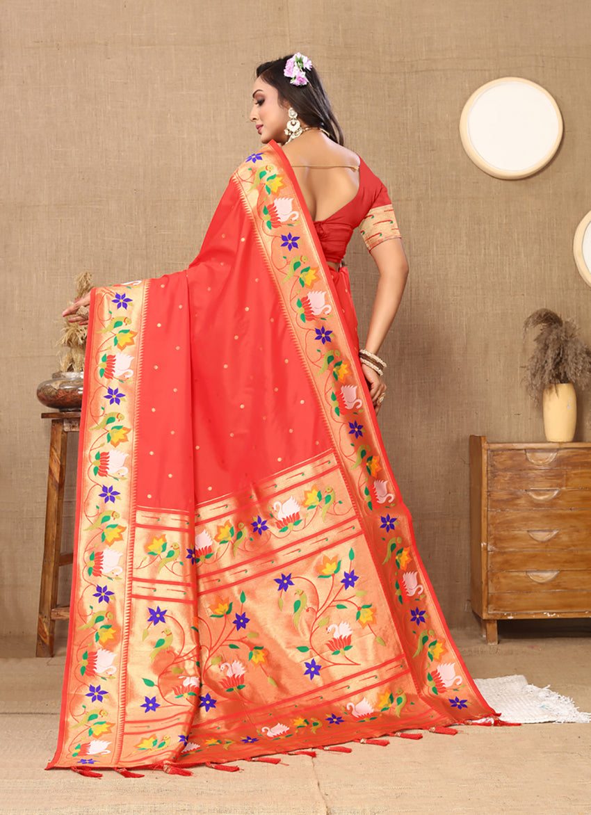 Lorenvalley Fashion Red Soft Paithani Silk Woven Design Rich Zari Meenakari Weaving Saree