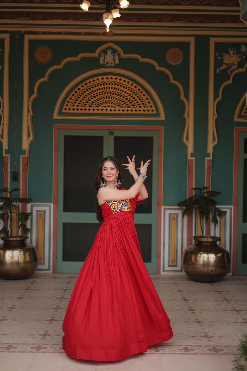 Lorenvalley Red Rayon Fabric with Designer Lace Gown