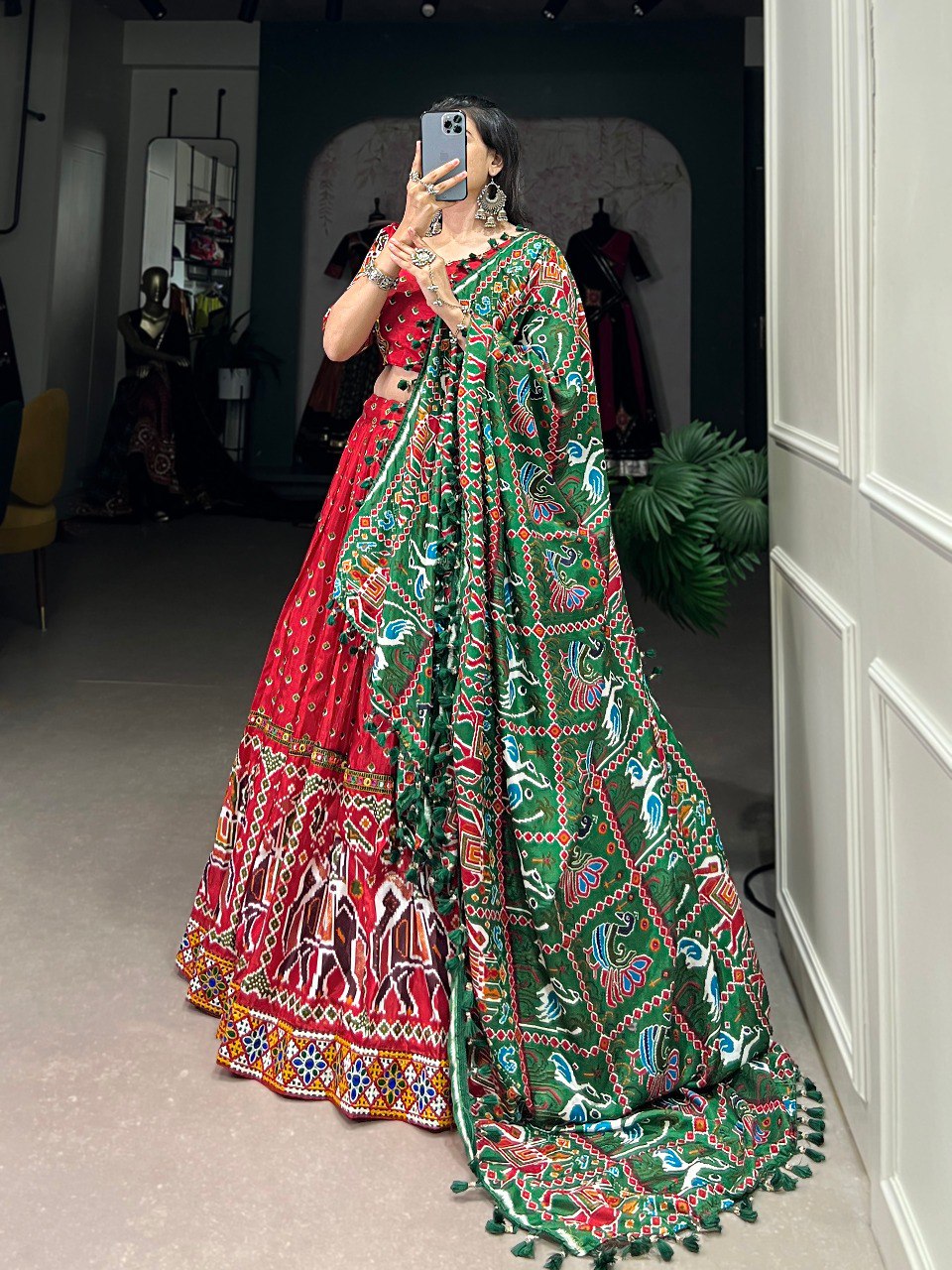 Lorenvalley Dola Silk Red Patola Print With Gamthi Work Lace Border Lehenga Choli with Dupatta