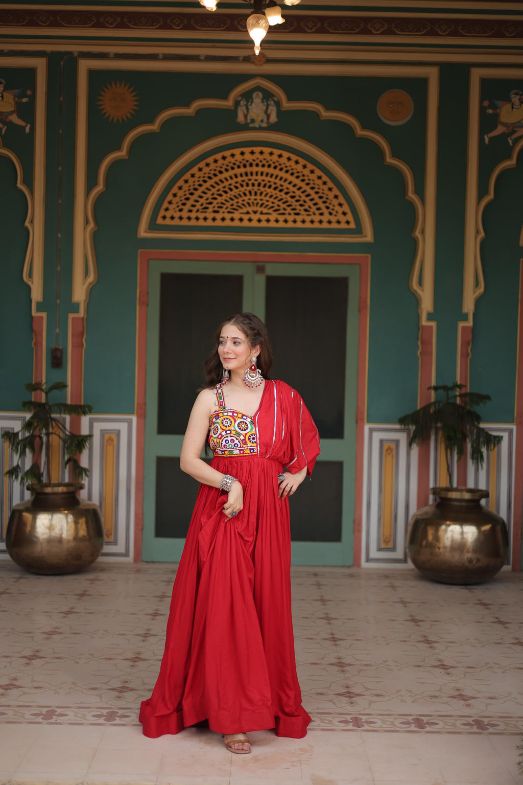 Lorenvalley Red Rayon Fabric with Designer Lace Gown