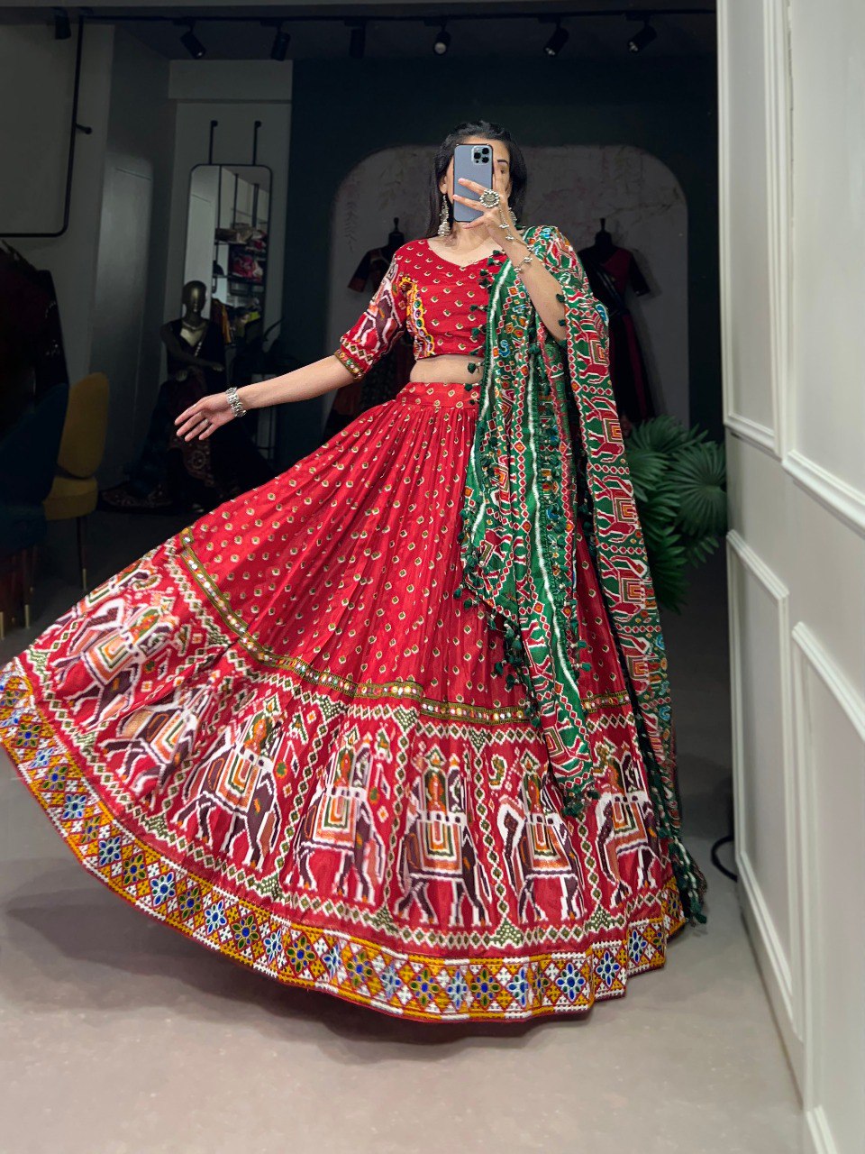 Lorenvalley Dola Silk Red Patola Print With Gamthi Work Lace Border Lehenga Choli with Dupatta
