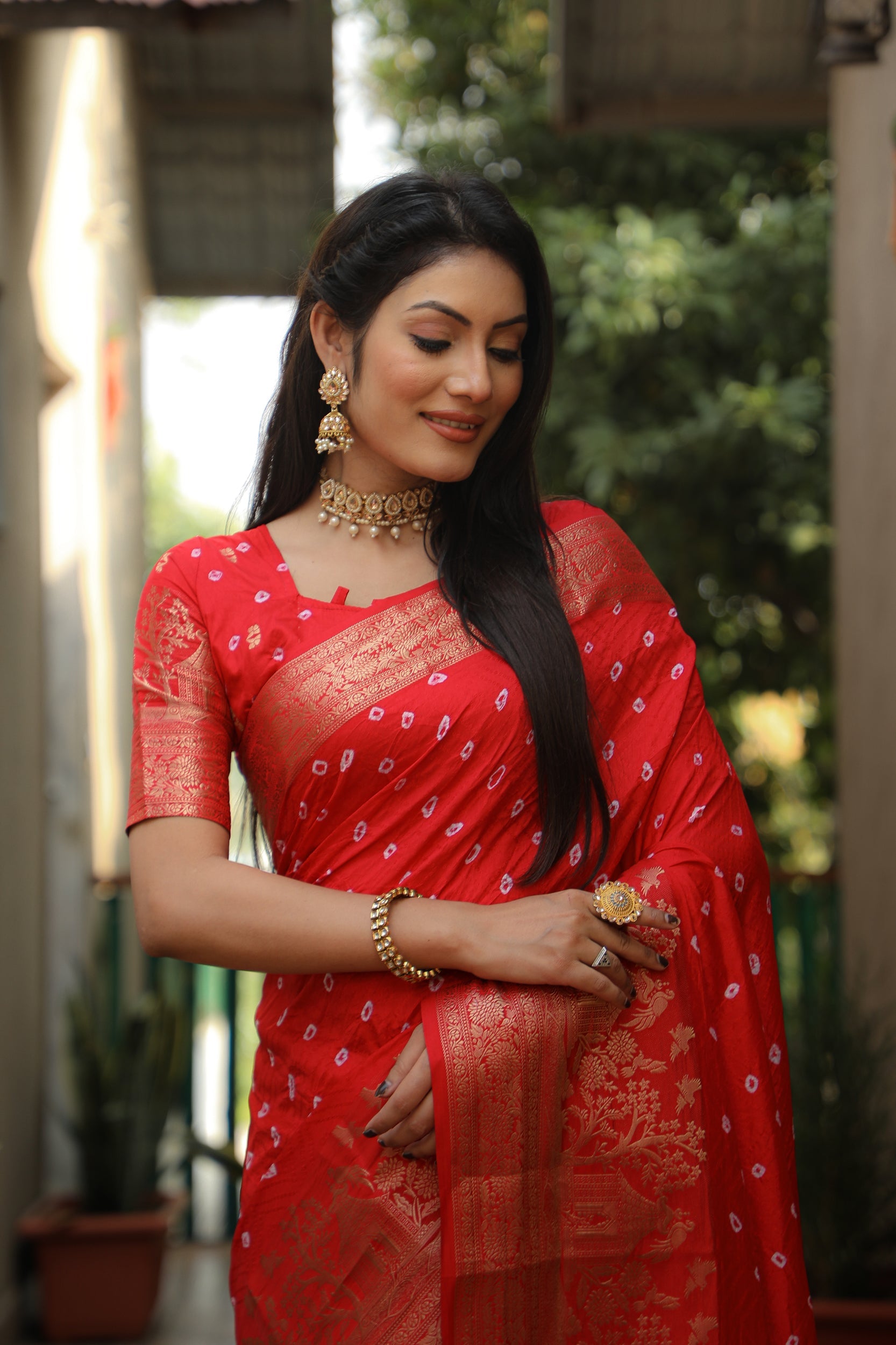 Lorenvalley Premium Pure Handmade Bandhej Kanjivaram silk saree with Zari Weaving Rich Pallu saree - Red