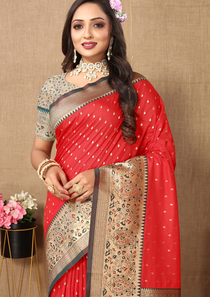 Lorenvalley Fashion Red Soft Silk weaving Design Rich Zari Weaving Saree