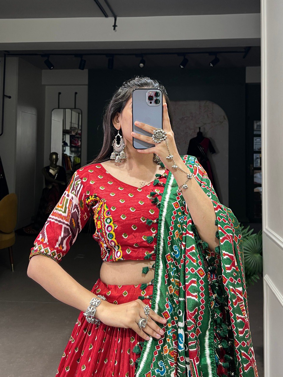 Lorenvalley Dola Silk Red Patola Print With Gamthi Work Lace Border Lehenga Choli with Dupatta