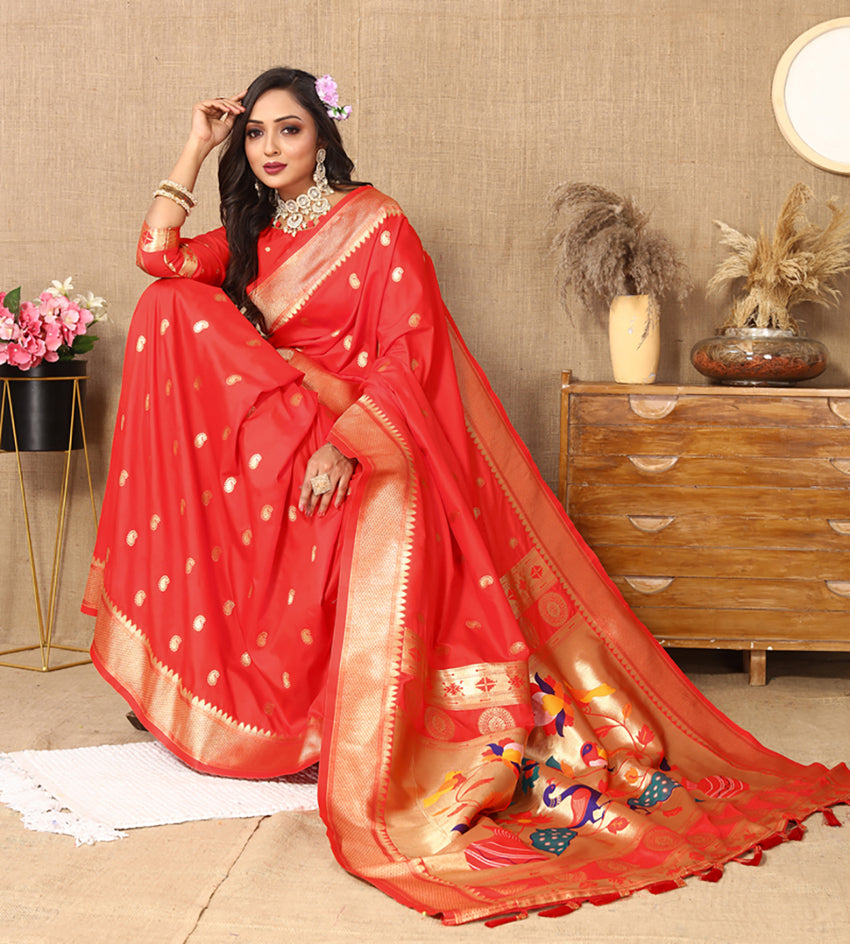 Lorenvalley Fashion Red Soft Paithani Silk Woven Design Rich Zari Meenakari Weaving Saree