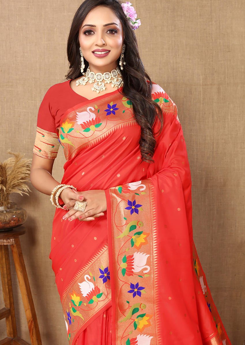 Lorenvalley Fashion Red Soft Paithani Silk Woven Design Rich Zari Meenakari Weaving Saree
