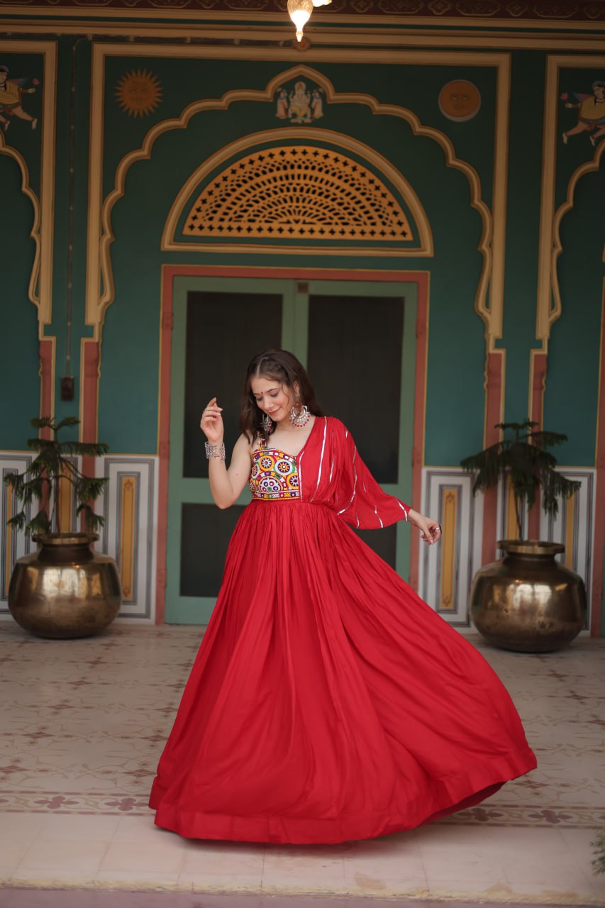Lorenvalley Red Rayon Fabric with Designer Lace Gown