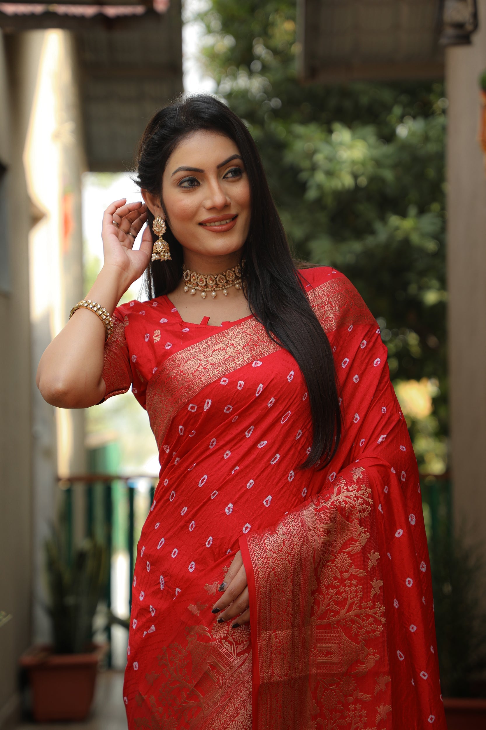 Lorenvalley Premium Pure Handmade Bandhej Kanjivaram silk saree with Zari Weaving Rich Pallu saree - Red
