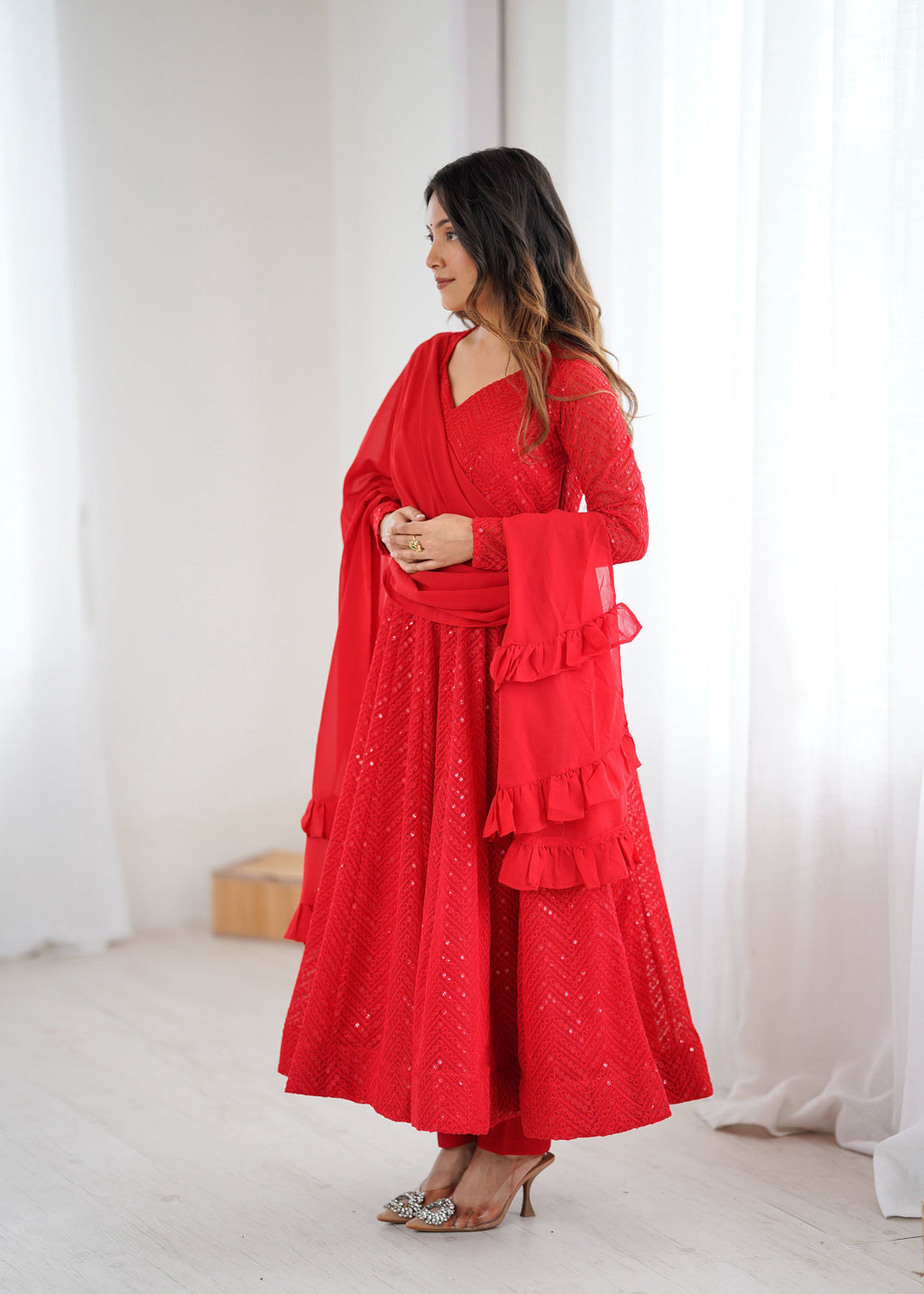 Lorenvalley Fashion Red Faux Georgette Lukhnowi Sequence Work Anarkali Kurta Pant With Dupatta Set