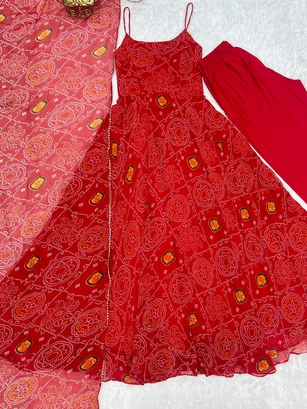 Lorenvalley Fashion Red Soft Chiffon Bandhej Fabric Print Fully Flair Anarkali With Pant Dupatta Set