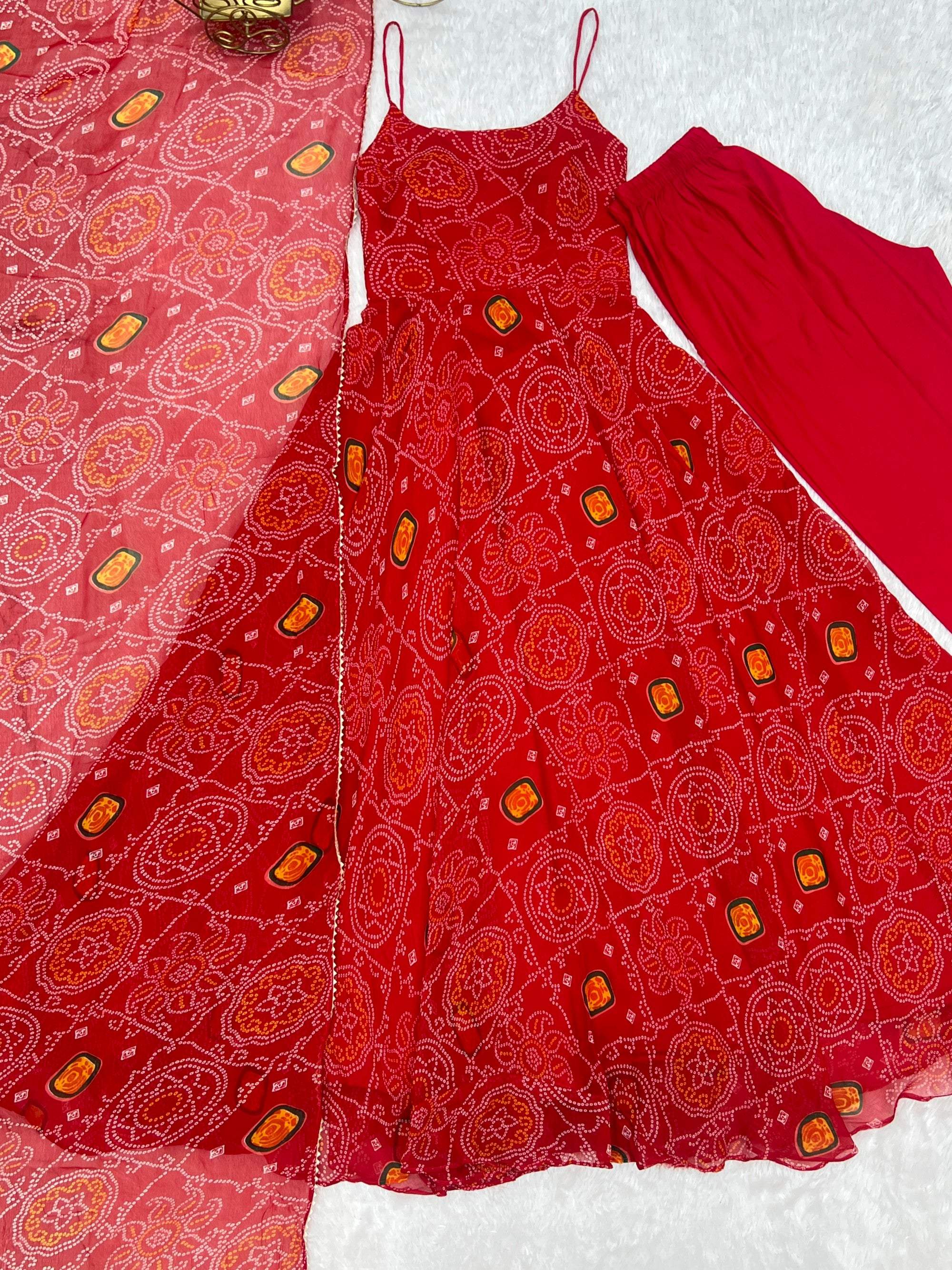 Lorenvalley Fashion Red Soft Chiffon Bandhej Fabric Print Fully Flair Anarkali With Pant Dupatta Set