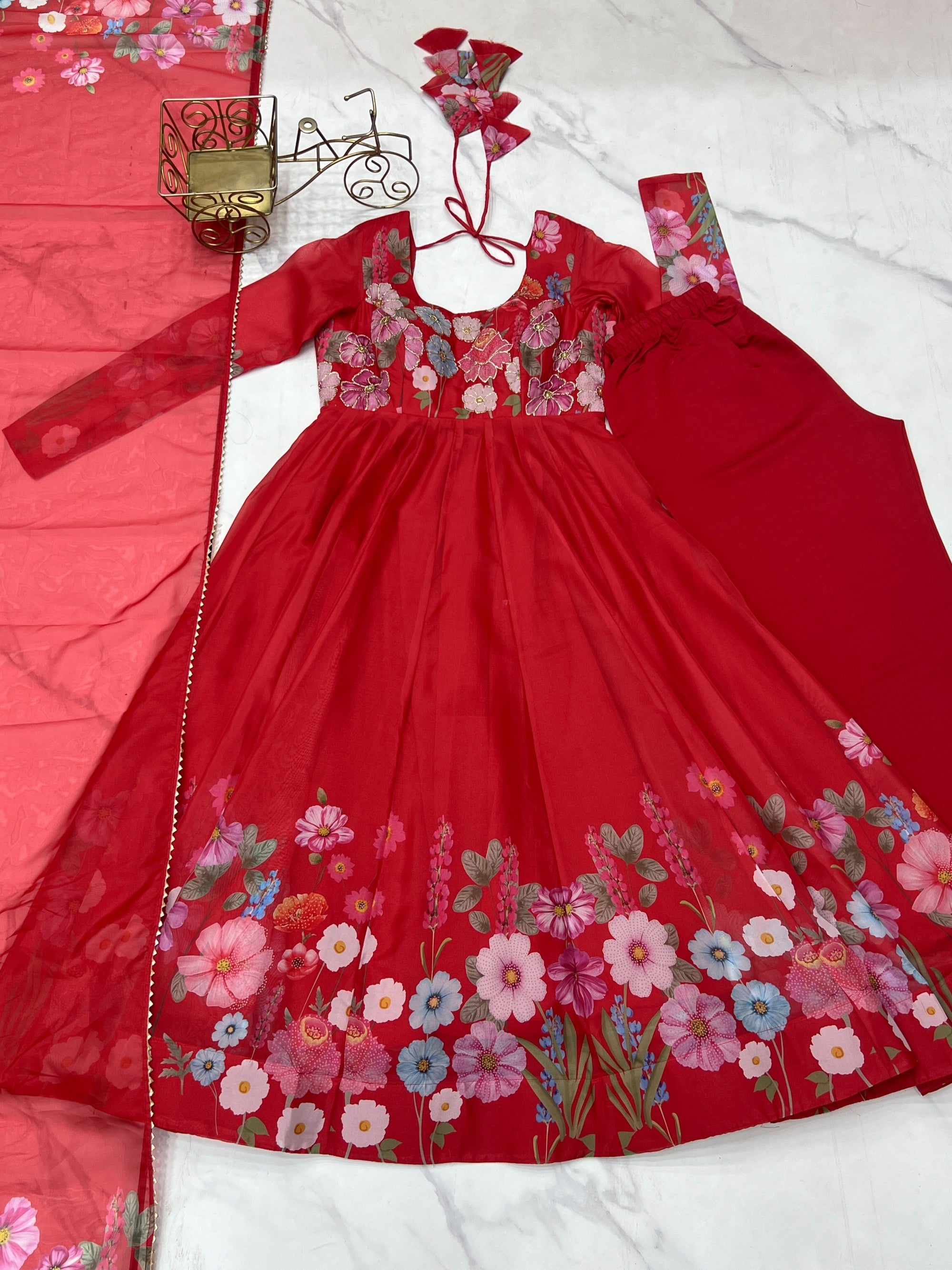 Lorenvalley Fashion Red Soft Organza Silk With Floral Print Fully Flared Anarkali Pant With Dupatta Set