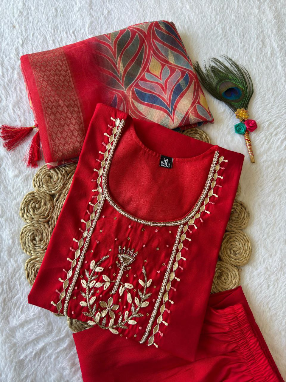 Lorenvalley Fashion Red Roman Silk Hand Work Kurta Pant with Dupatta