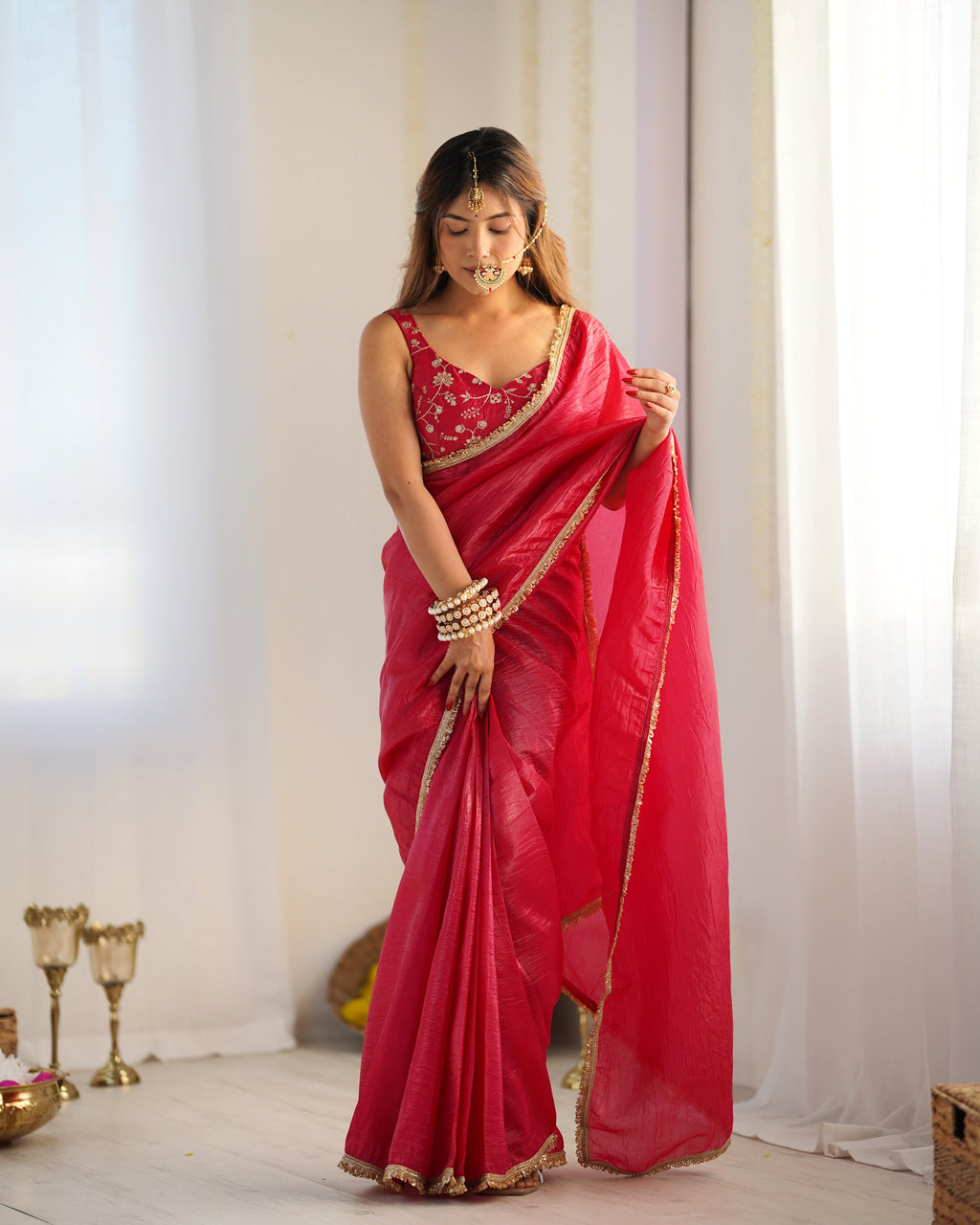 Lorenvalley Ready to wear Crush Tissue Silk Fabric Fancy Boarder Premium Lace Work Predrapped Saree - Red