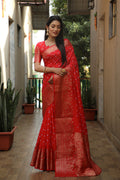 Lorenvalley Premium Pure Handmade Bandhej Kanjivaram silk saree with Zari Weaving Rich Pallu saree - Red