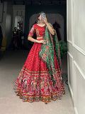 Lorenvalley Dola Silk Red Patola Print With Gamthi Work Lace Border Lehenga Choli with Dupatta