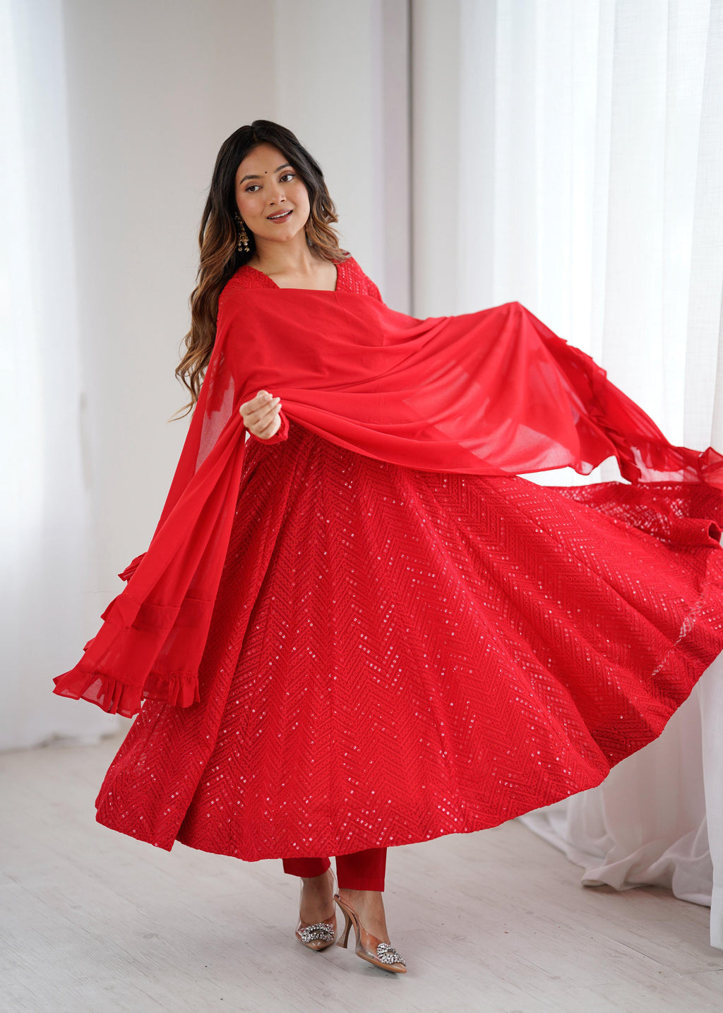 Lorenvalley Fashion Red Faux Georgette Lukhnowi Sequence Work Anarkali Kurta Pant With Dupatta Set