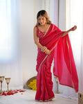 Lorenvalley Ready to wear Crush Tissue Silk Fabric Fancy Boarder Premium Lace Work Predrapped Saree - Red