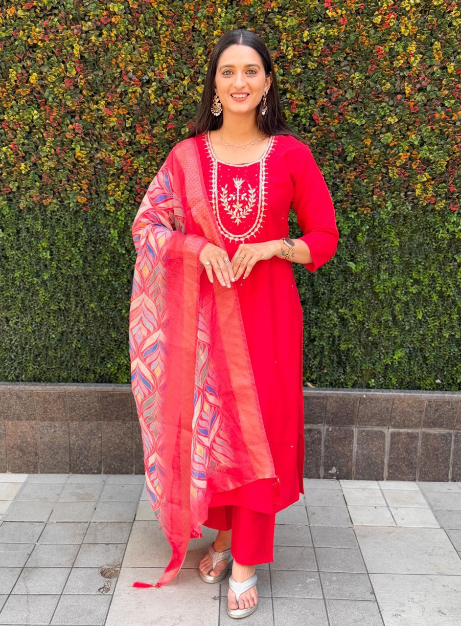 Lorenvalley Fashion Red Roman Silk Hand Work Kurta Pant with Dupatta