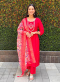 Lorenvalley Fashion Red Roman Silk Hand Work Kurta Pant with Dupatta