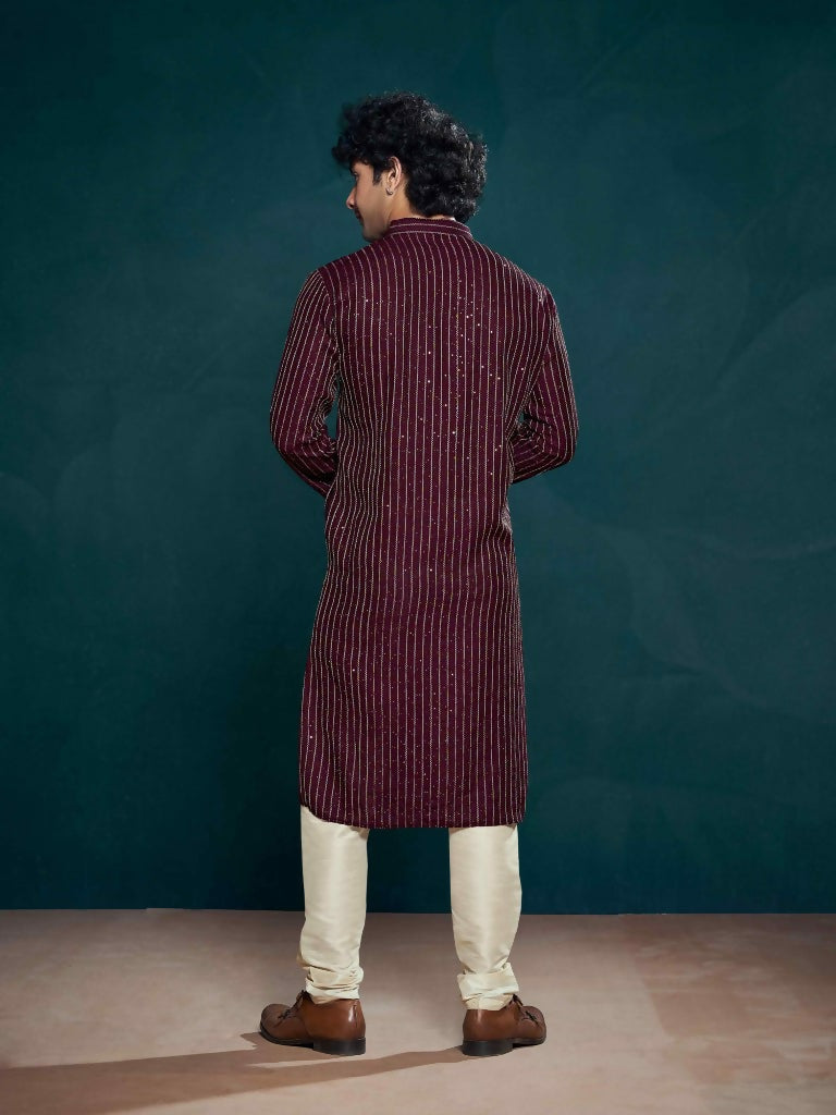 Wine Viscose Designer Sequance Embroidery Work Men's Kurta Set - Mahotsav