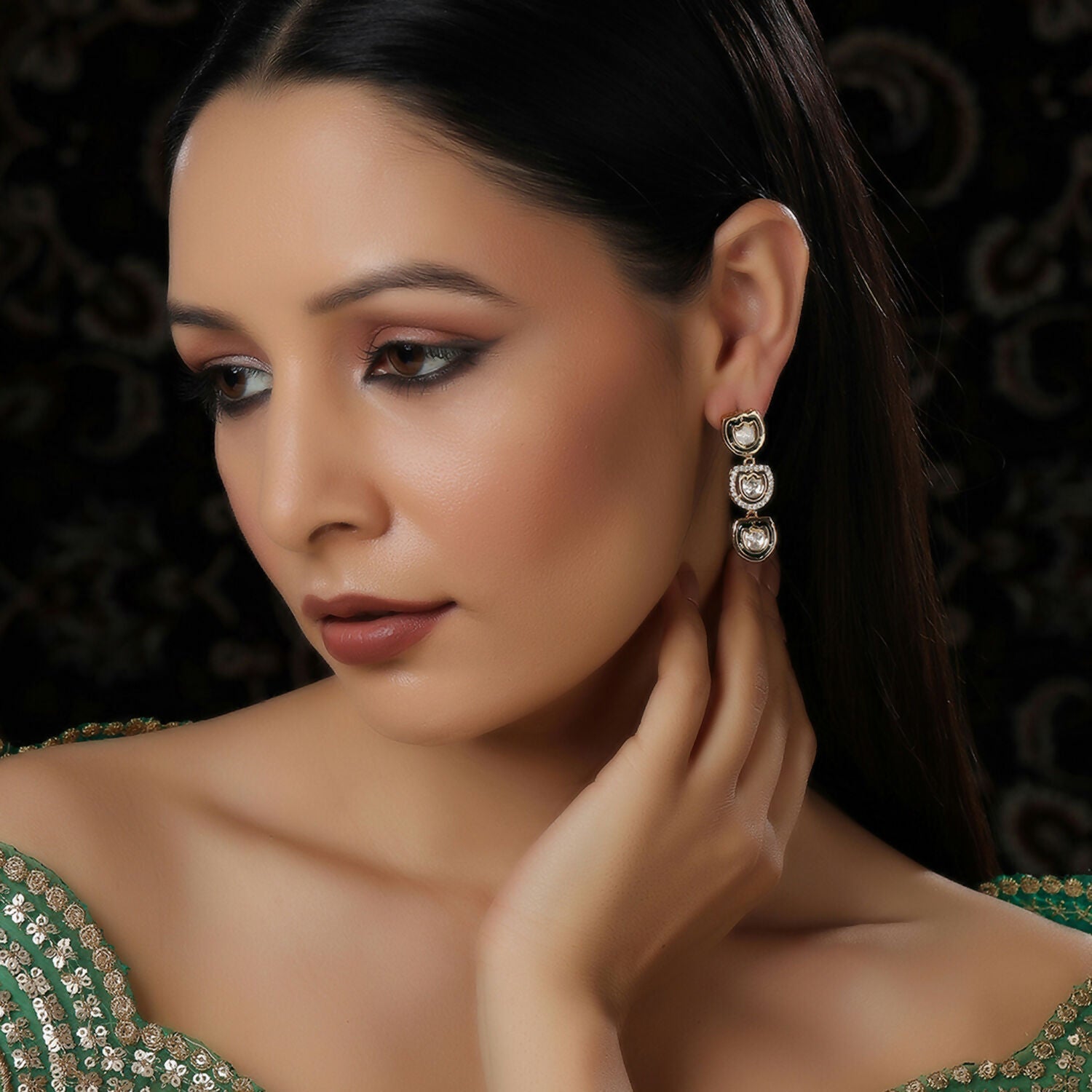 Meenakari and Diamond Studded Dangler Earrings (Gold) - Ruby Raang