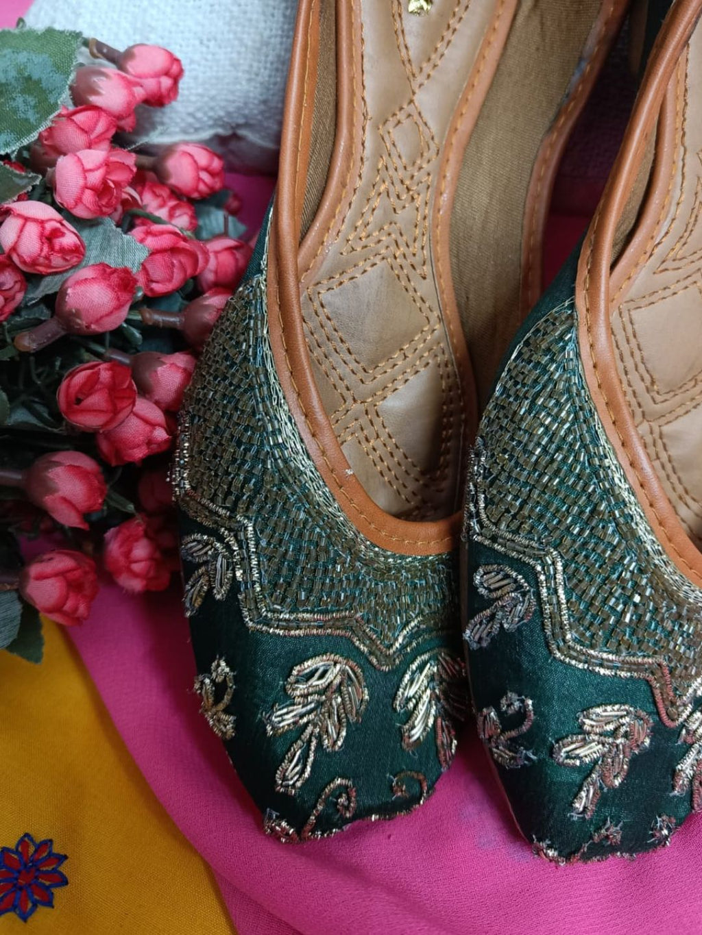 Desi Colour Women Indian Ethnic Footwear-Party Wear Green Dabka Work