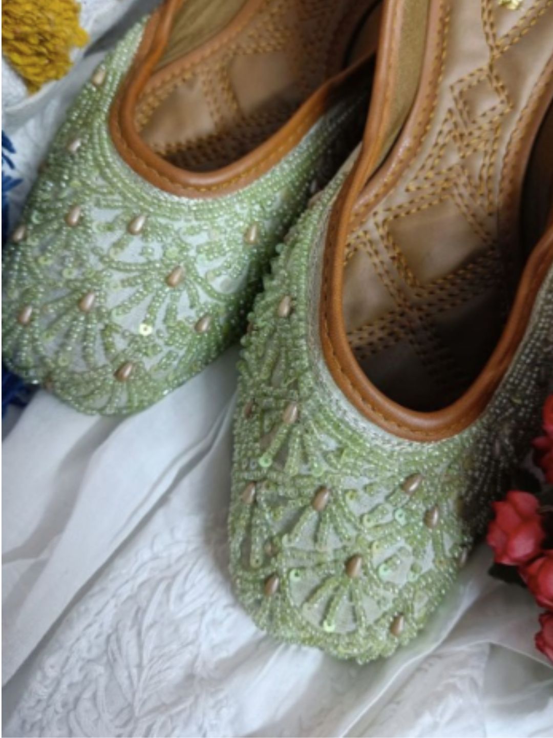 Desi Colour Women Indian Ethnic Footwear-Sea Green Pearl Web