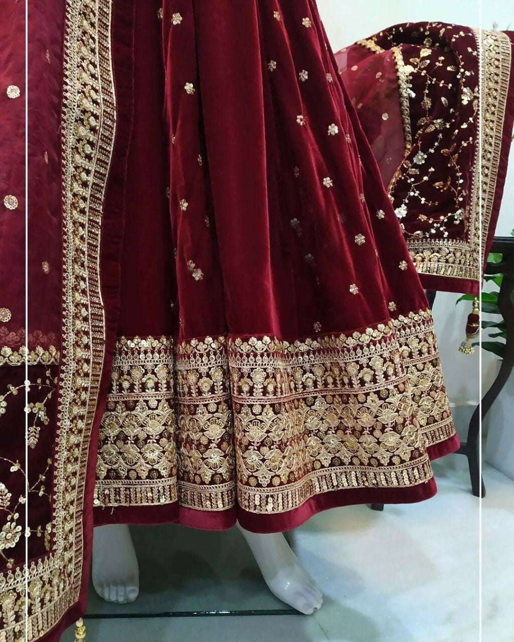 Vastranavya Wine Viscose Velvet Sequence Embroidery Work Gown Dupatta With Belt