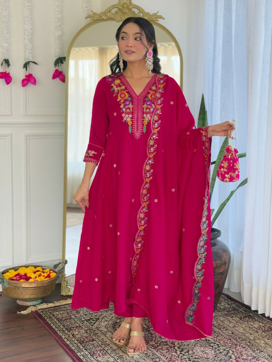 The52 Rani Women's Beautiful Embroidered Work Vichitra Silk Fabric Straight Kurta Pant and Dupatta Set