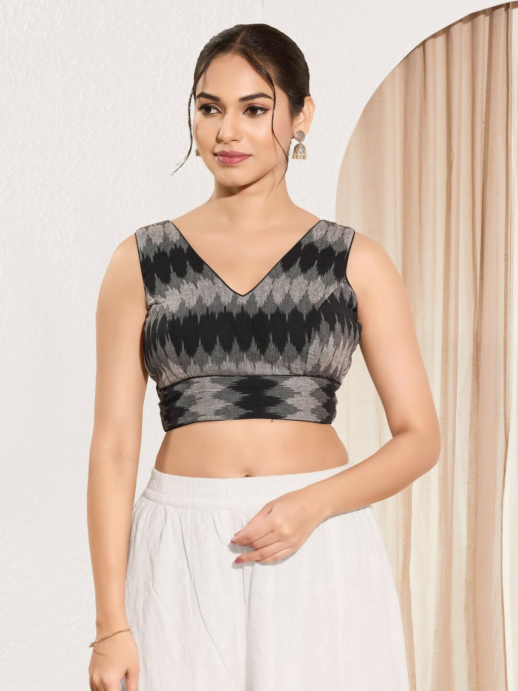 Joban Fashion Black Ikat Silk Padded Blouse With V Neck Sleeveless