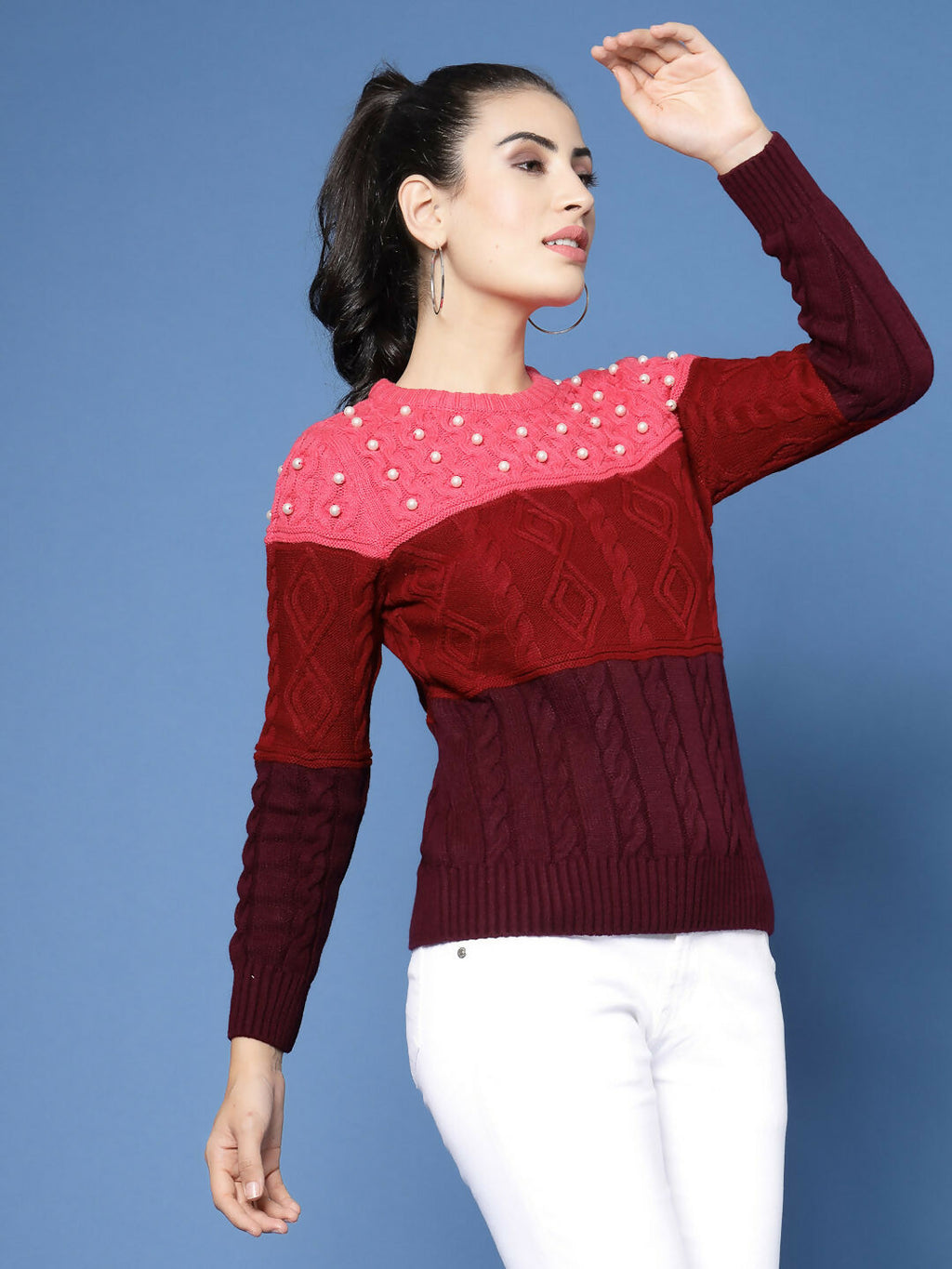 Women Color Block Marron Acrylic Winter Sweater - Wool Trees