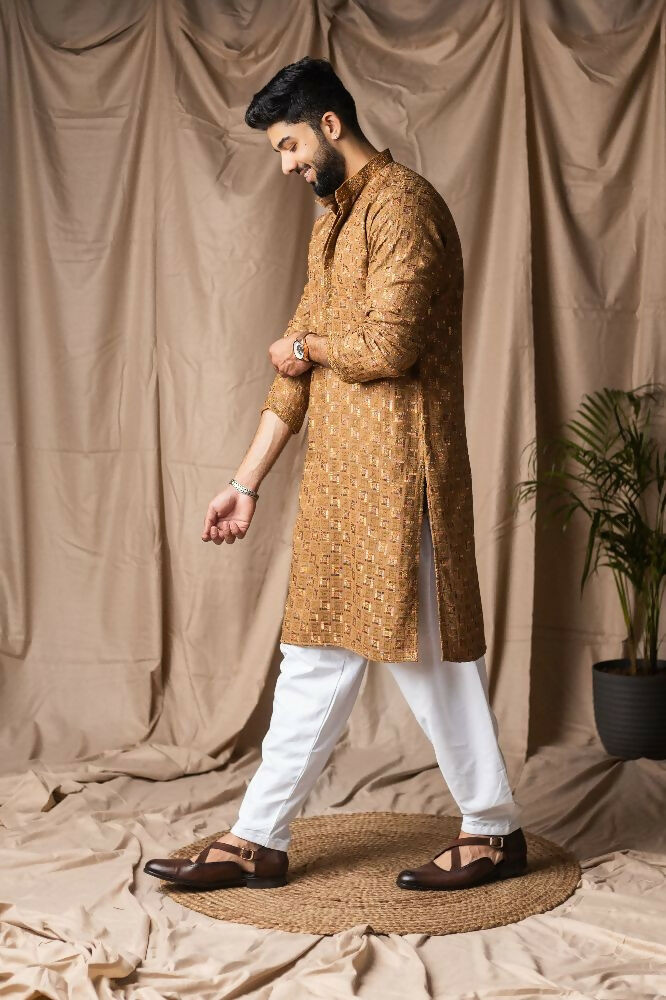 Occur Yellow Rayon Thread Embroidery Work Kurta Set - Mahotsav